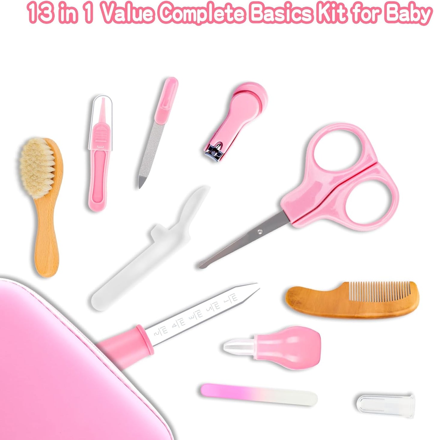 Baby Grooming Kit, Infant Safety Care Set with Hair Brush Comb Nail Clipper Nasal Aspirator Ear Cleaner,Baby Essentials Kit for Newborn Girls Boys (Pink Baby Grooming kit)