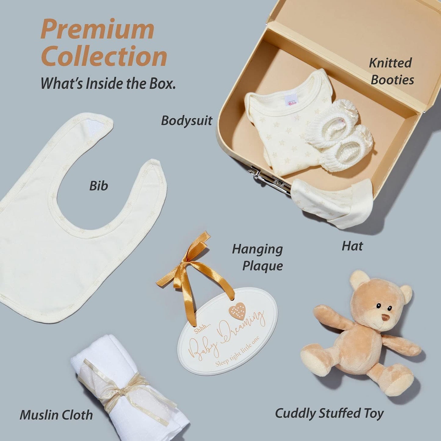 Baby Gift Set – Newborn Baby Gifts Include Baby Clothes, Muslin Cloths, Cute Blue Teddy Bear and Hanging Plaque