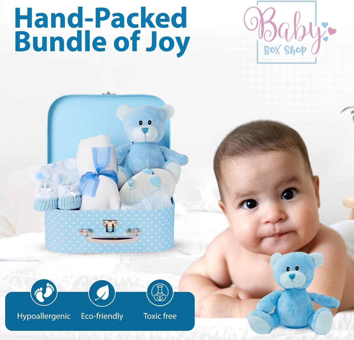 Baby Gift Set – Newborn Baby Gifts Include Baby Clothes, Muslin Cloths, Cute Blue Teddy Bear and Hanging Plaque