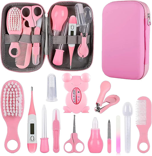 Baby Grooming Kit, Infant Safety Care Set with Hair Brush Comb Nail Clipper Nasal Aspirator Ear Cleaner,Baby Essentials Kit for Newborn Girls Boys (Pink Baby Grooming kit)