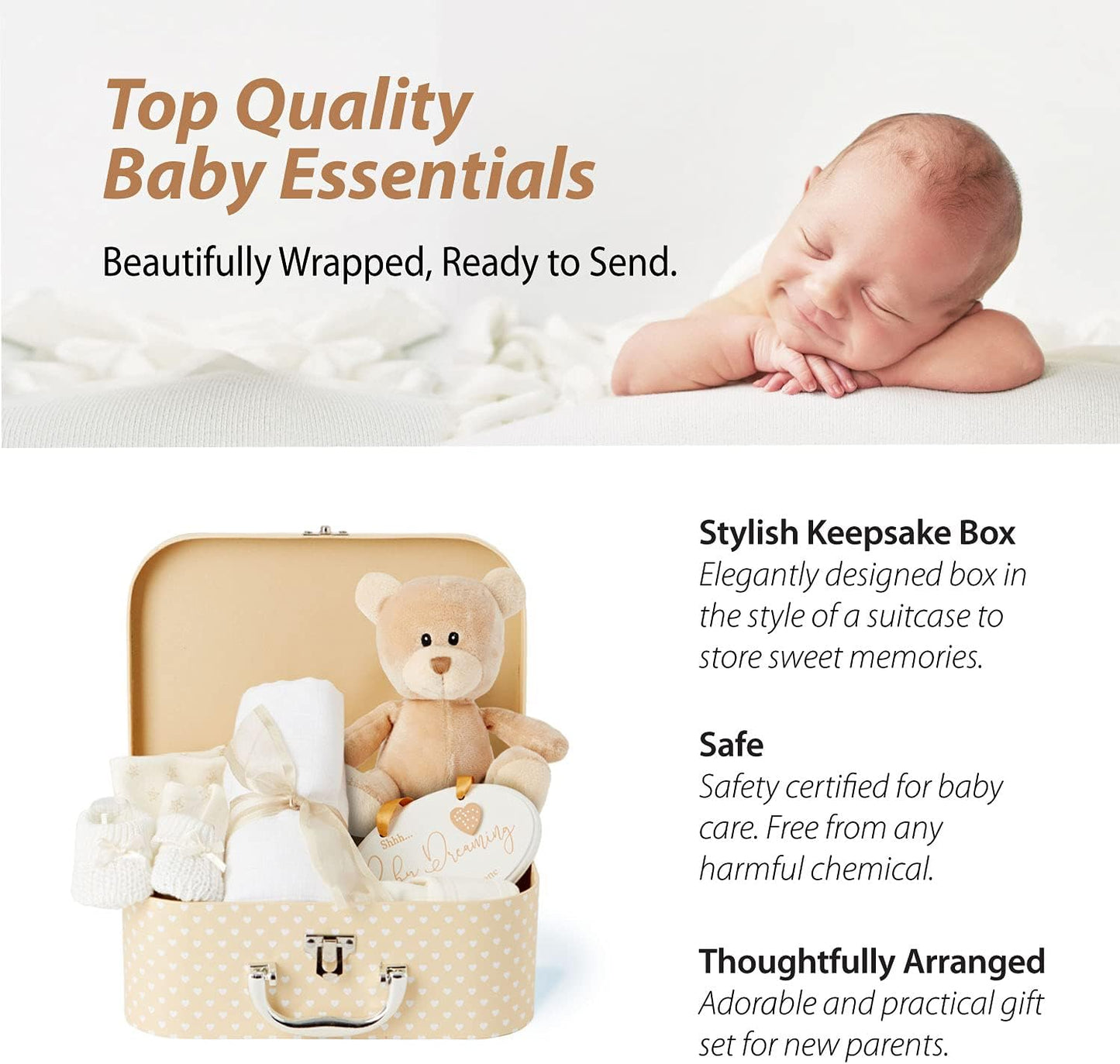 Baby Gift Set – Newborn Baby Gifts Include Baby Clothes, Muslin Cloths, Cute Blue Teddy Bear and Hanging Plaque