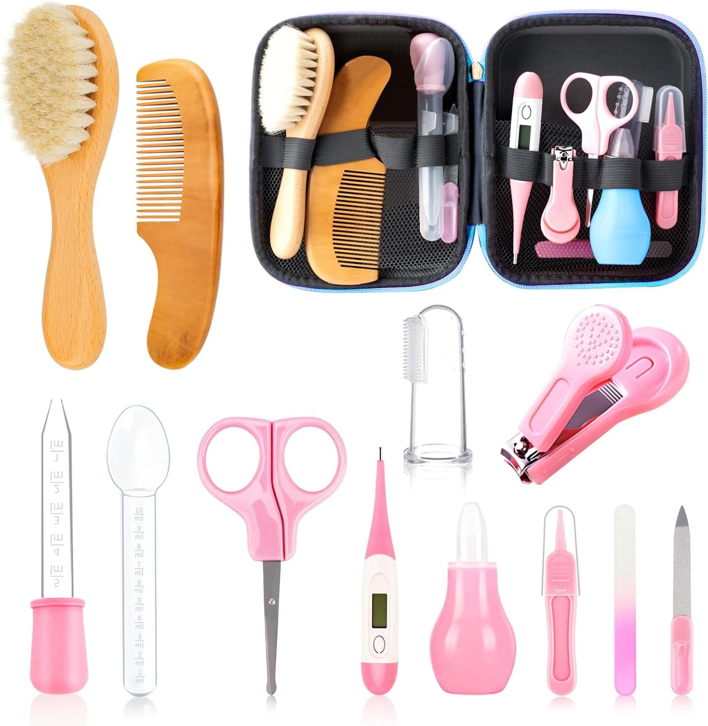 Baby Grooming Kit, Infant Safety Care Set with Hair Brush Comb Nail Clipper Nasal Aspirator Ear Cleaner,Baby Essentials Kit for Newborn Girls Boys (Pink Baby Grooming kit)