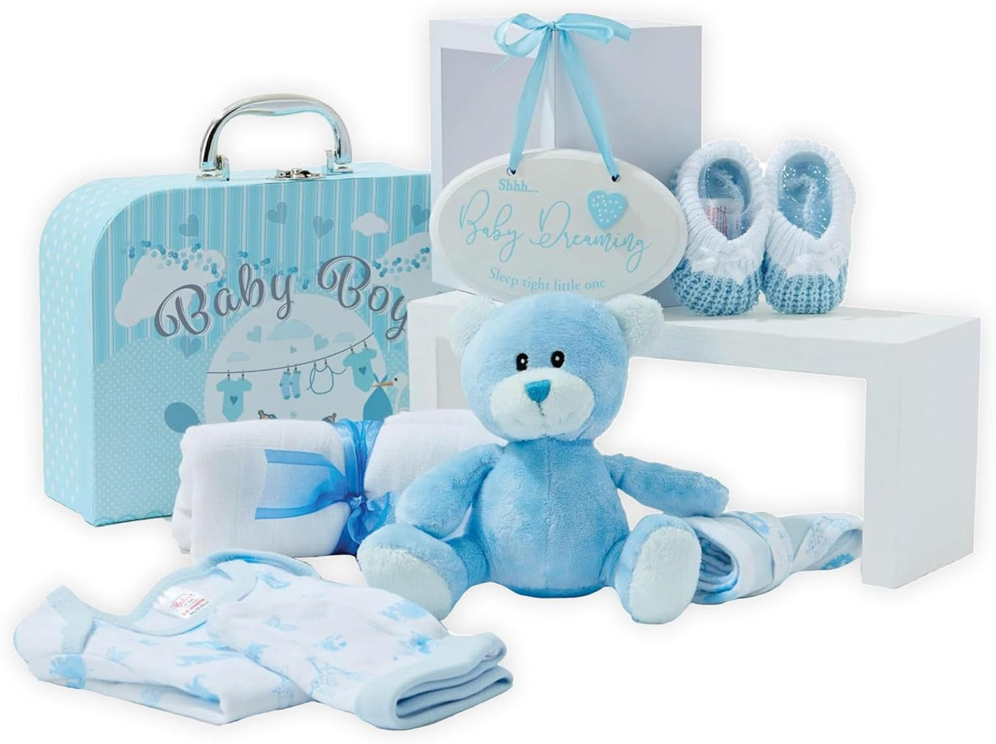 Baby Gift Set – Newborn Baby Gifts Include Baby Clothes, Muslin Cloths, Cute Blue Teddy Bear and Hanging Plaque