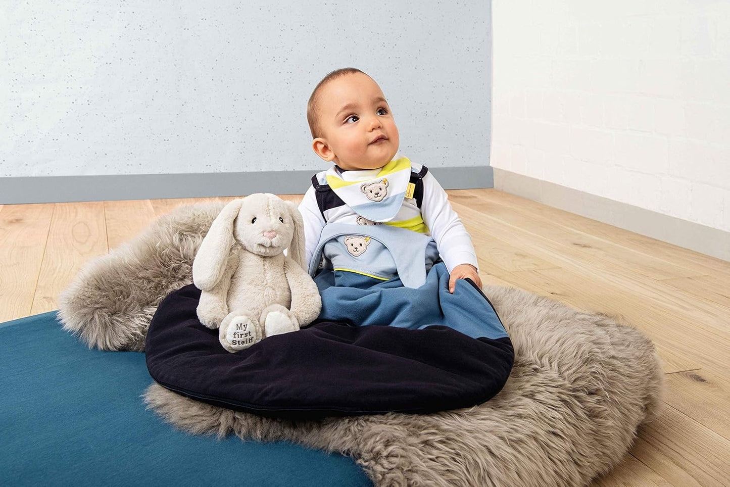 Steiff Soft Cuddly Friends My First Hoppie Rabbit 10", Premium Stuffed Animal, Light Blue