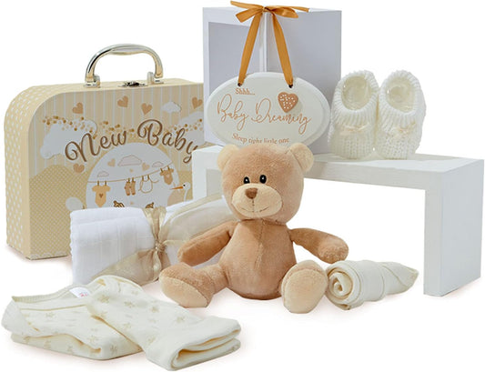 Baby Gift Set – Newborn Baby Gifts Include Baby Clothes, Muslin Cloths, Cute Blue Teddy Bear and Hanging Plaque