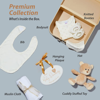 Baby Gift Set – Newborn Baby Gifts Include Baby Clothes, Muslin Cloths, Cute Blue Teddy Bear and Hanging Plaque