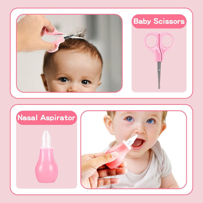 Baby Grooming Kit, Infant Safety Care Set with Hair Brush Comb Nail Clipper Nasal Aspirator Ear Cleaner,Baby Essentials Kit for Newborn Girls Boys (Pink Baby Grooming kit)