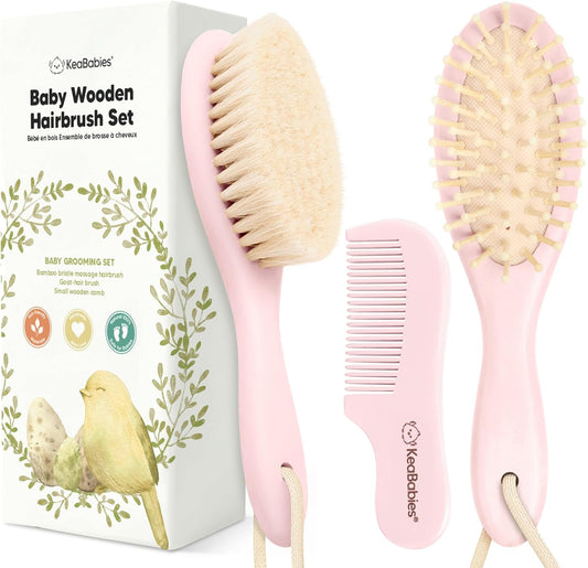 Baby Hair Brush and Baby Comb Set - Baby Brush Set for Newborns, Toddler Hair Brush, Wooden Baby Hair Brushes & Combs, Goat Hair Brush, Infant Hair Brush, Cradle Cap Brush (Oval, Walnut)
