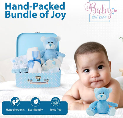 Baby Gift Set – Newborn Baby Gifts Include Baby Clothes, Muslin Cloths, Cute Blue Teddy Bear and Hanging Plaque
