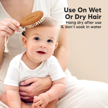 Baby Hair Brush and Baby Comb Set - Baby Brush Set for Newborns, Toddler Hair Brush, Wooden Baby Hair Brushes & Combs, Goat Hair Brush, Infant Hair Brush, Cradle Cap Brush (Oval, Walnut)