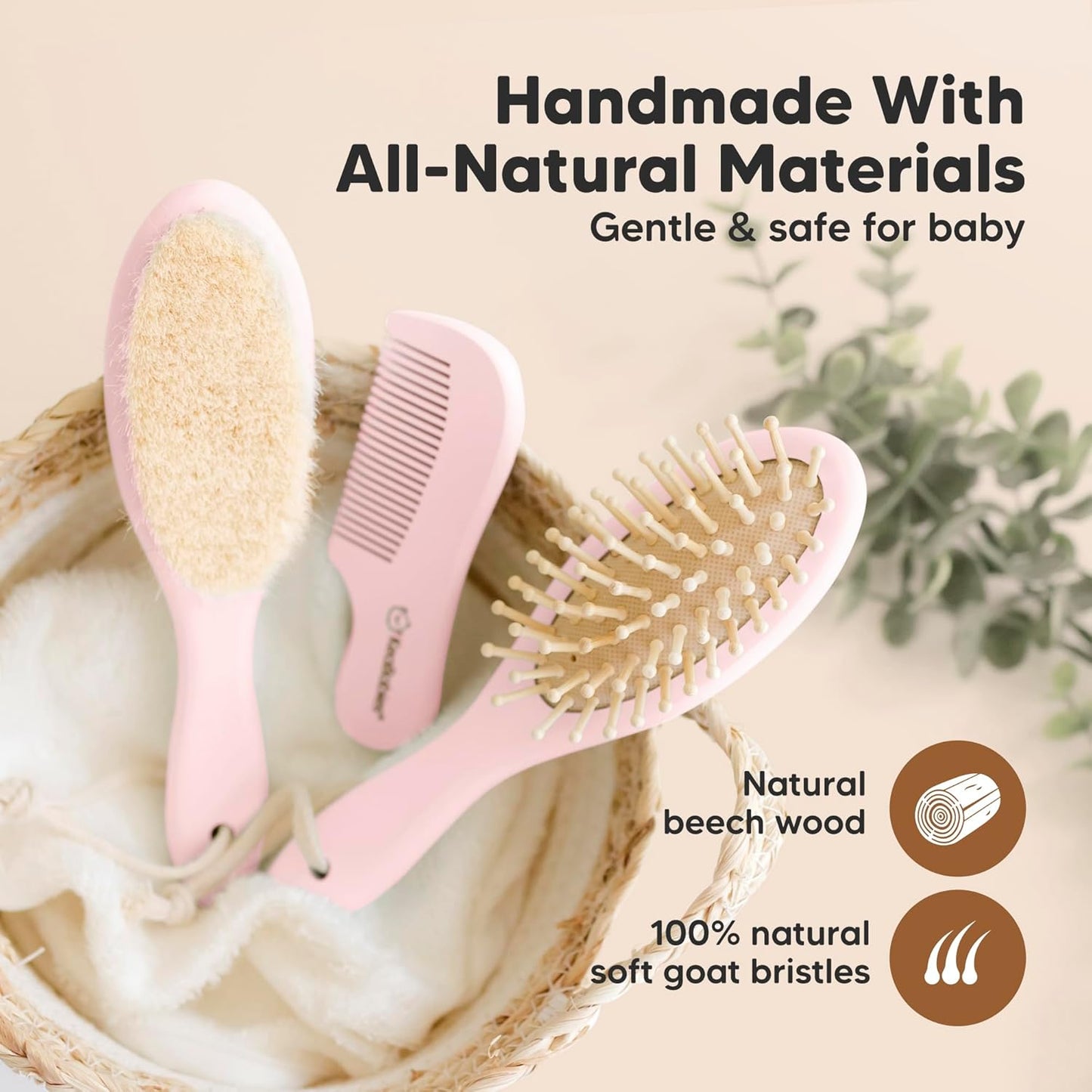 Baby Hair Brush and Baby Comb Set - Baby Brush Set for Newborns, Toddler Hair Brush, Wooden Baby Hair Brushes & Combs, Goat Hair Brush, Infant Hair Brush, Cradle Cap Brush (Oval, Walnut)