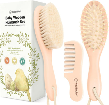 Baby Hair Brush and Baby Comb Set - Baby Brush Set for Newborns, Toddler Hair Brush, Wooden Baby Hair Brushes & Combs, Goat Hair Brush, Infant Hair Brush, Cradle Cap Brush (Oval, Walnut)
