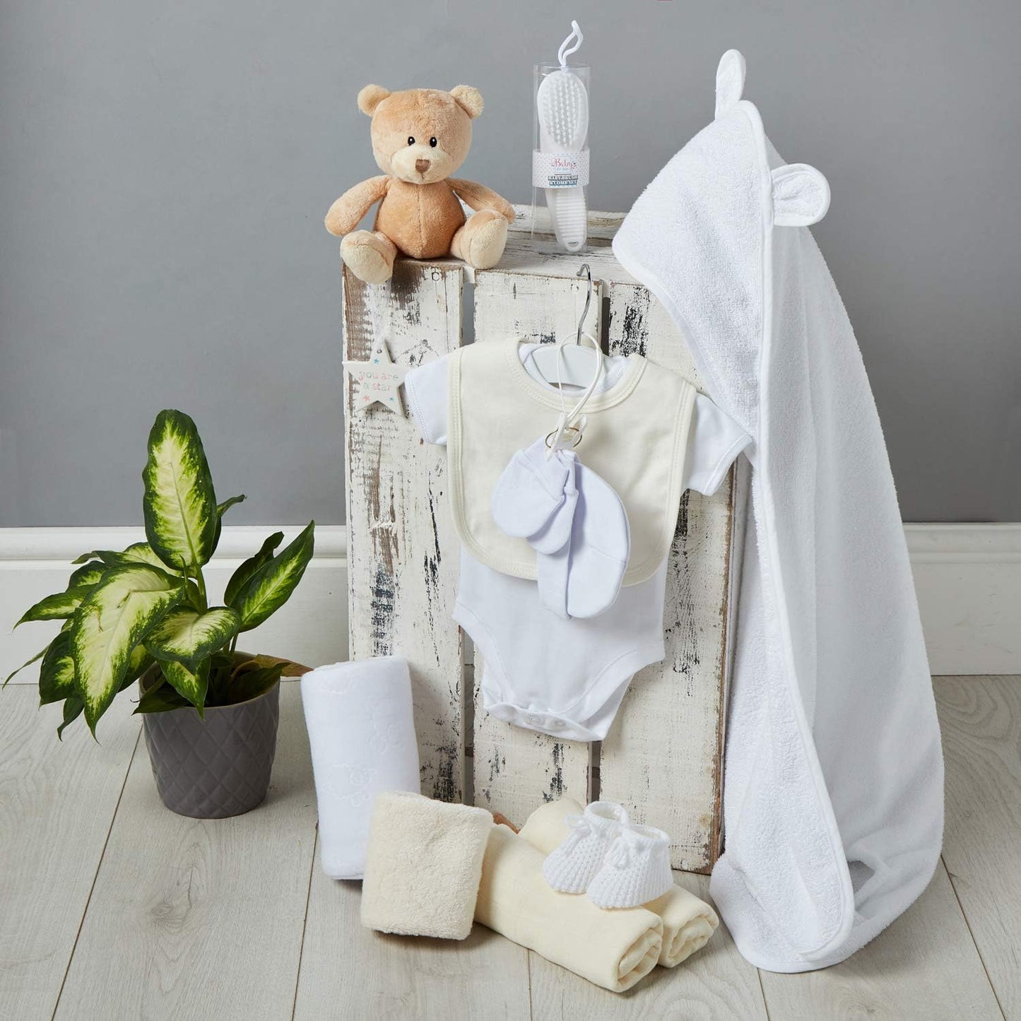 Baby Gift Set – Newborn Baby Gifts Include Baby Clothes, Muslin Cloths, Cute Blue Teddy Bear and Hanging Plaque