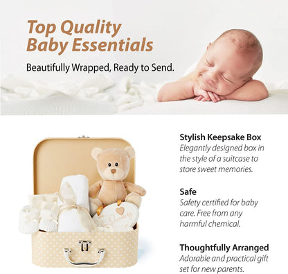 Baby Gift Set – Newborn Baby Gifts Include Baby Clothes, Muslin Cloths, Cute Blue Teddy Bear and Hanging Plaque