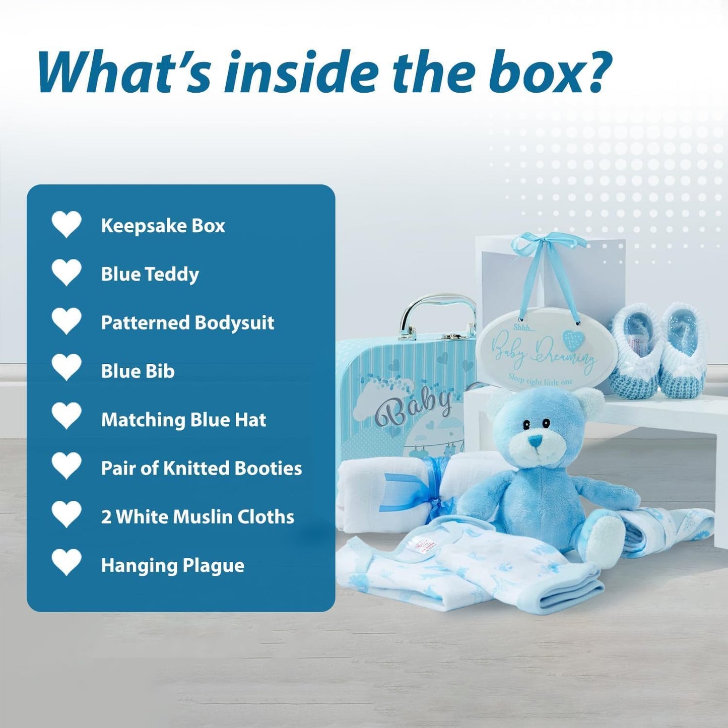 Baby Gift Set – Newborn Baby Gifts Include Baby Clothes, Muslin Cloths, Cute Blue Teddy Bear and Hanging Plaque