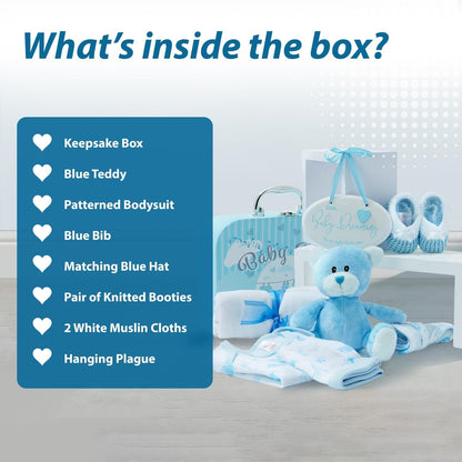 Baby Gift Set – Newborn Baby Gifts Include Baby Clothes, Muslin Cloths, Cute Blue Teddy Bear and Hanging Plaque