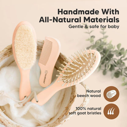 Baby Hair Brush and Baby Comb Set - Baby Brush Set for Newborns, Toddler Hair Brush, Wooden Baby Hair Brushes & Combs, Goat Hair Brush, Infant Hair Brush, Cradle Cap Brush (Oval, Walnut)