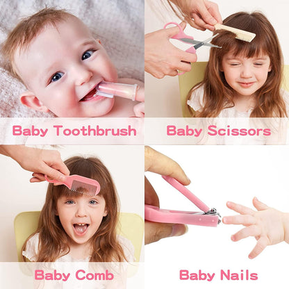 Baby Grooming Kit, Infant Safety Care Set with Hair Brush Comb Nail Clipper Nasal Aspirator Ear Cleaner,Baby Essentials Kit for Newborn Girls Boys (Pink Baby Grooming kit)