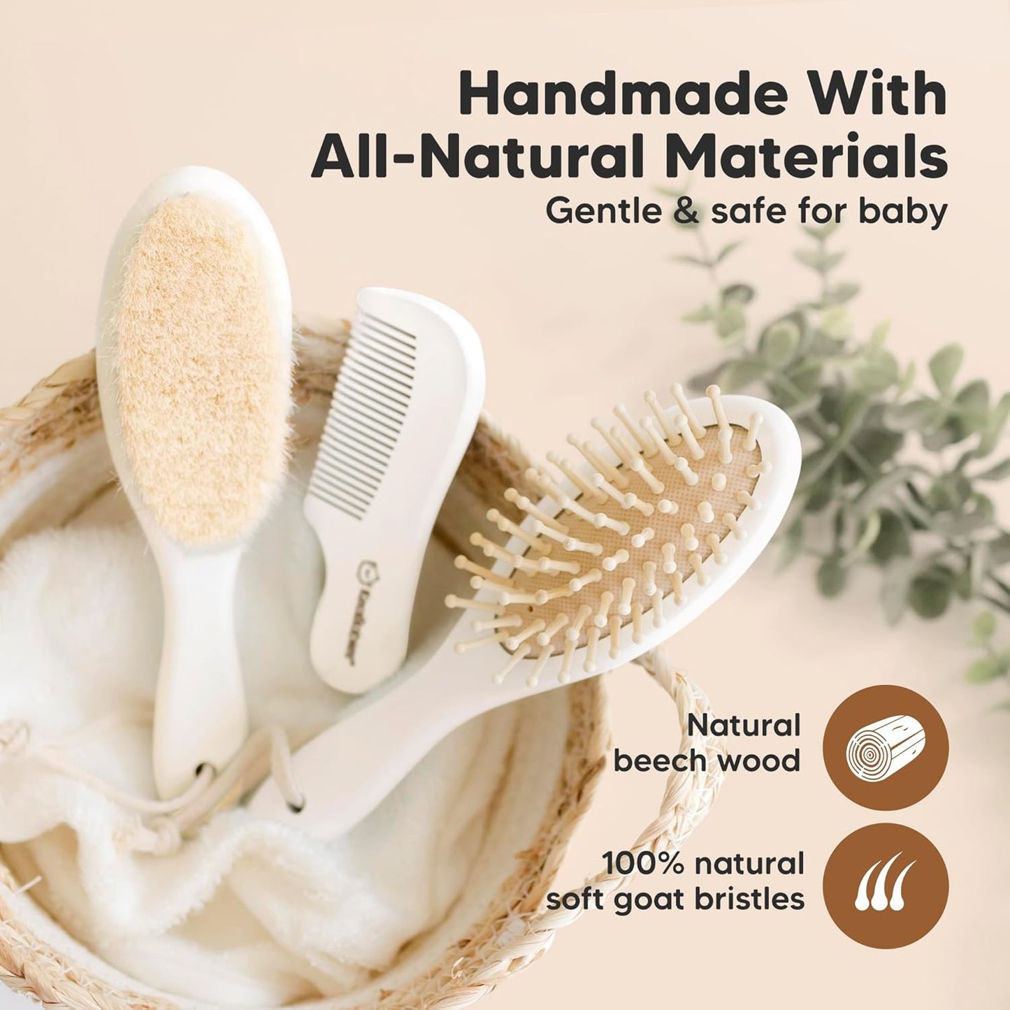 Baby Hair Brush and Baby Comb Set - Baby Brush Set for Newborns, Toddler Hair Brush, Wooden Baby Hair Brushes & Combs, Goat Hair Brush, Infant Hair Brush, Cradle Cap Brush (Oval, Walnut)