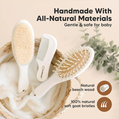 Baby Hair Brush and Baby Comb Set - Baby Brush Set for Newborns, Toddler Hair Brush, Wooden Baby Hair Brushes & Combs, Goat Hair Brush, Infant Hair Brush, Cradle Cap Brush (Oval, Walnut)