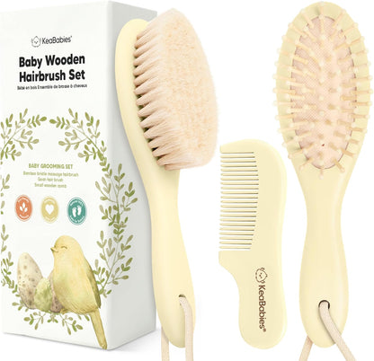 Baby Hair Brush and Baby Comb Set - Baby Brush Set for Newborns, Toddler Hair Brush, Wooden Baby Hair Brushes & Combs, Goat Hair Brush, Infant Hair Brush, Cradle Cap Brush (Oval, Walnut)