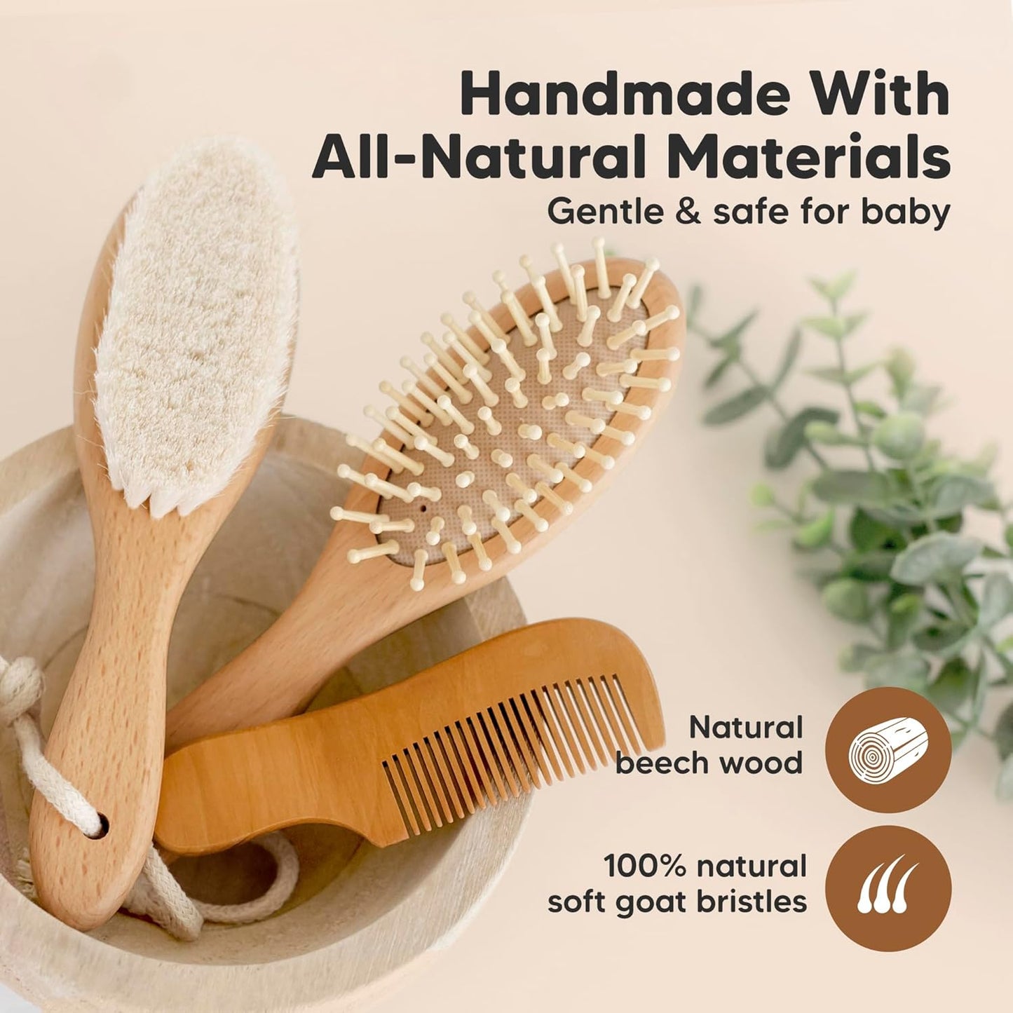 Baby Hair Brush and Baby Comb Set - Baby Brush Set for Newborns, Toddler Hair Brush, Wooden Baby Hair Brushes & Combs, Goat Hair Brush, Infant Hair Brush, Cradle Cap Brush (Oval, Walnut)
