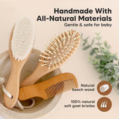 Baby Hair Brush and Baby Comb Set - Baby Brush Set for Newborns, Toddler Hair Brush, Wooden Baby Hair Brushes & Combs, Goat Hair Brush, Infant Hair Brush, Cradle Cap Brush (Oval, Walnut)