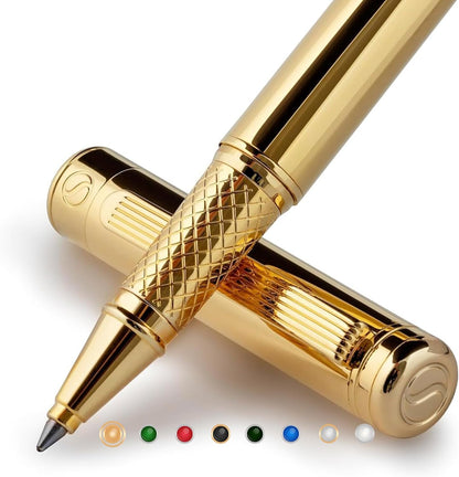 Scriveiner Gold Rollerball Pen - Stunning Luxury Pen with 24K Gold Finish, Schmidt Ink Refill, Best Roller Ball Pen Gift Set for Men & Women, Professional, Executive Office, Nice Pens