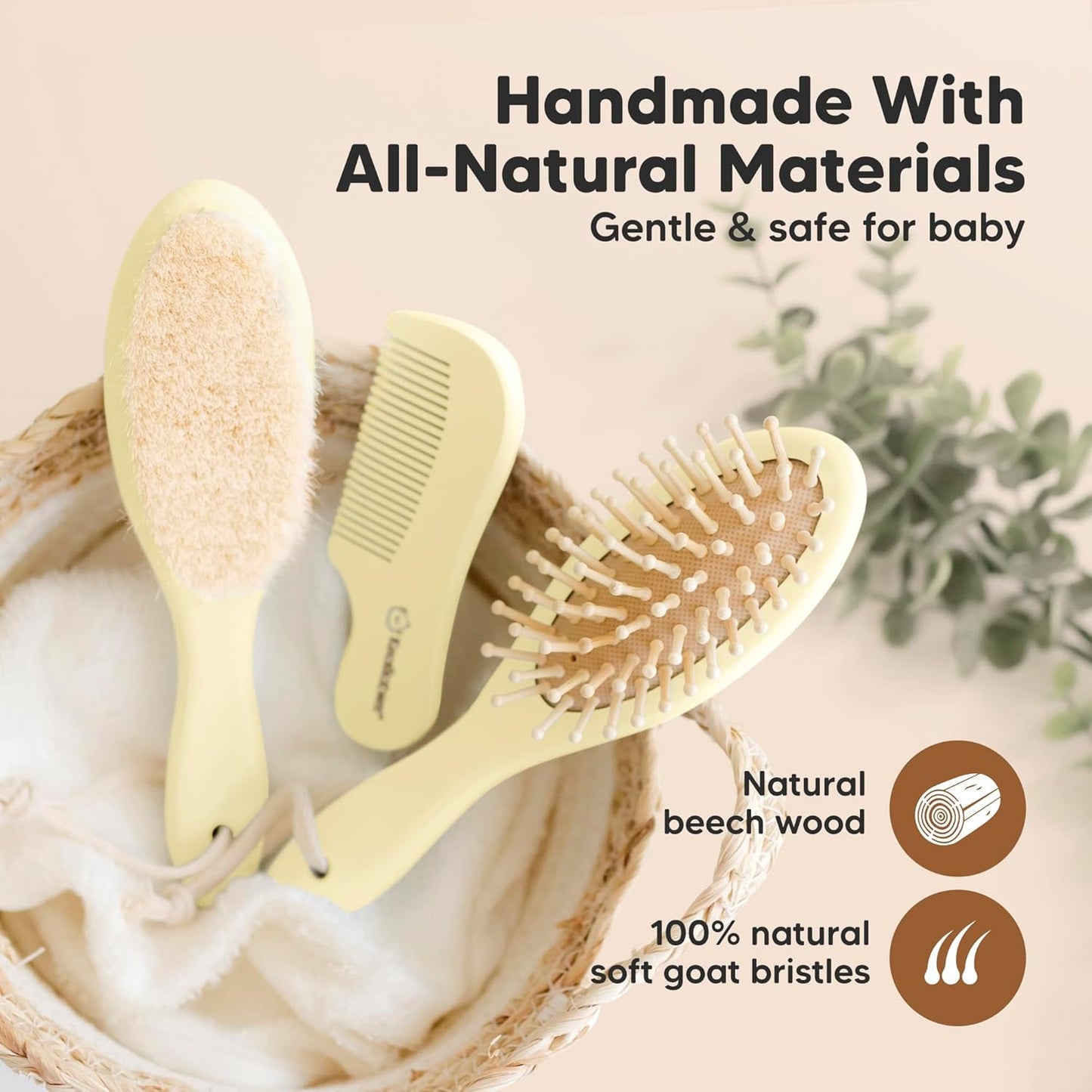 Baby Hair Brush and Baby Comb Set - Baby Brush Set for Newborns, Toddler Hair Brush, Wooden Baby Hair Brushes & Combs, Goat Hair Brush, Infant Hair Brush, Cradle Cap Brush (Oval, Walnut)