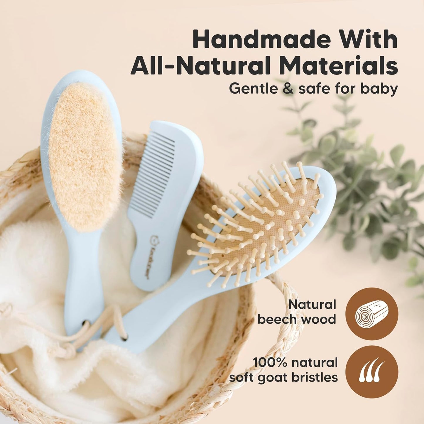 Baby Hair Brush and Baby Comb Set - Baby Brush Set for Newborns, Toddler Hair Brush, Wooden Baby Hair Brushes & Combs, Goat Hair Brush, Infant Hair Brush, Cradle Cap Brush (Oval, Walnut)