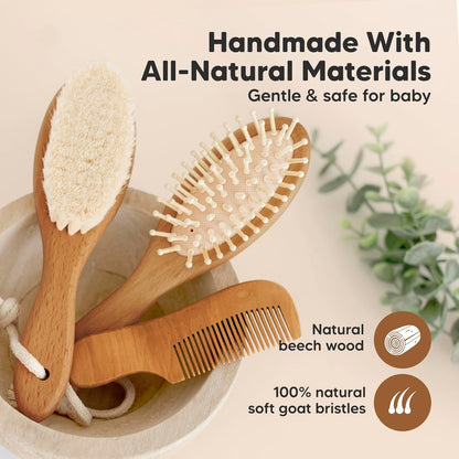 Baby Hair Brush and Baby Comb Set - Baby Brush Set for Newborns, Toddler Hair Brush, Wooden Baby Hair Brushes & Combs, Goat Hair Brush, Infant Hair Brush, Cradle Cap Brush (Oval, Walnut)