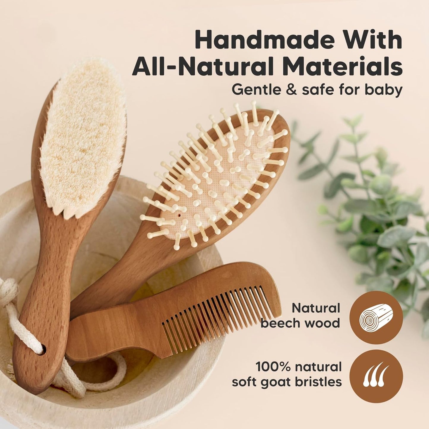 Baby Hair Brush and Baby Comb Set - Baby Brush Set for Newborns, Toddler Hair Brush, Wooden Baby Hair Brushes & Combs, Goat Hair Brush, Infant Hair Brush, Cradle Cap Brush (Oval, Walnut)