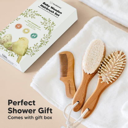 Baby Hair Brush and Baby Comb Set - Baby Brush Set for Newborns, Toddler Hair Brush, Wooden Baby Hair Brushes & Combs, Goat Hair Brush, Infant Hair Brush, Cradle Cap Brush (Oval, Walnut)