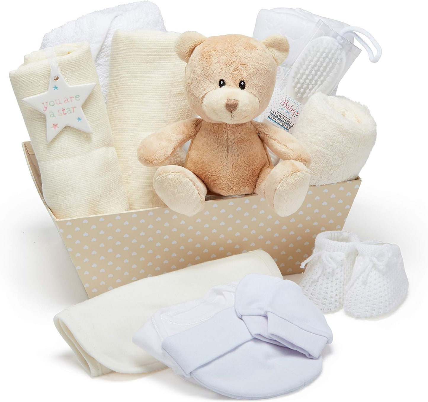 Baby Gift Set – Newborn Baby Gifts Include Baby Clothes, Muslin Cloths, Cute Blue Teddy Bear and Hanging Plaque