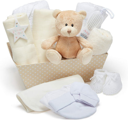 Baby Gift Set – Newborn Baby Gifts Include Baby Clothes, Muslin Cloths, Cute Blue Teddy Bear and Hanging Plaque