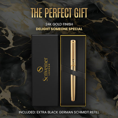 Scriveiner Gold Rollerball Pen - Stunning Luxury Pen with 24K Gold Finish, Schmidt Ink Refill, Best Roller Ball Pen Gift Set for Men & Women, Professional, Executive Office, Nice Pens