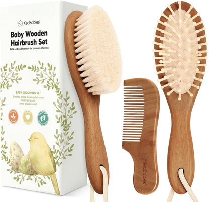 Baby Hair Brush and Baby Comb Set - Baby Brush Set for Newborns, Toddler Hair Brush, Wooden Baby Hair Brushes & Combs, Goat Hair Brush, Infant Hair Brush, Cradle Cap Brush (Oval, Walnut)