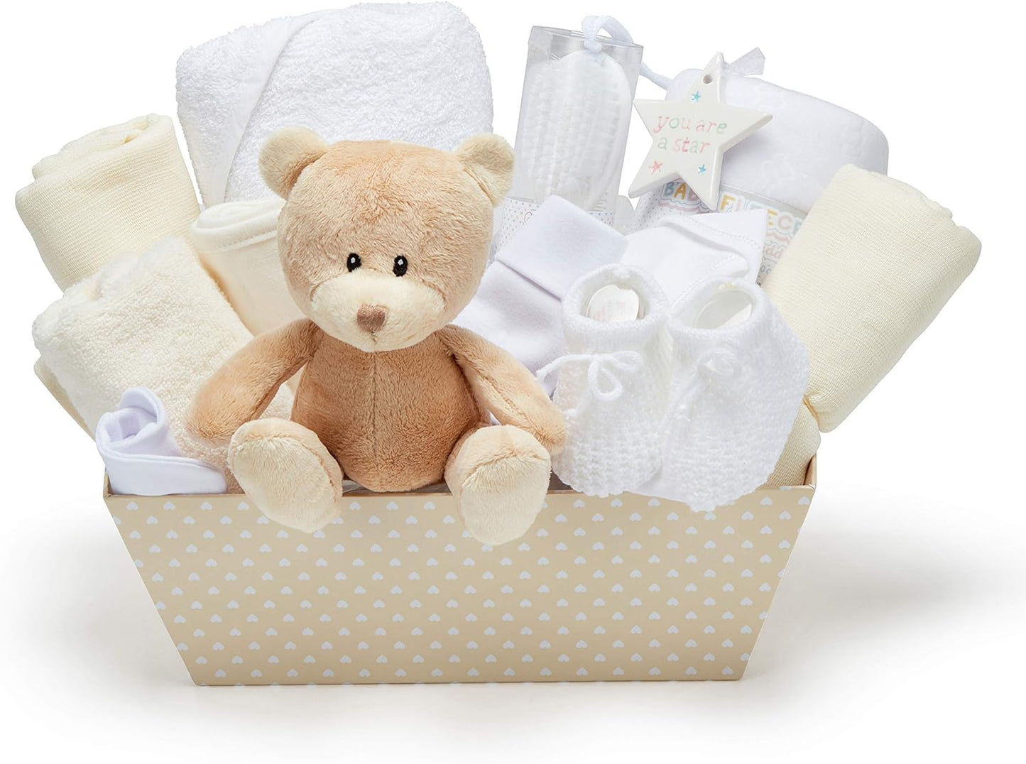 Baby Gift Set – Newborn Baby Gifts Include Baby Clothes, Muslin Cloths, Cute Blue Teddy Bear and Hanging Plaque