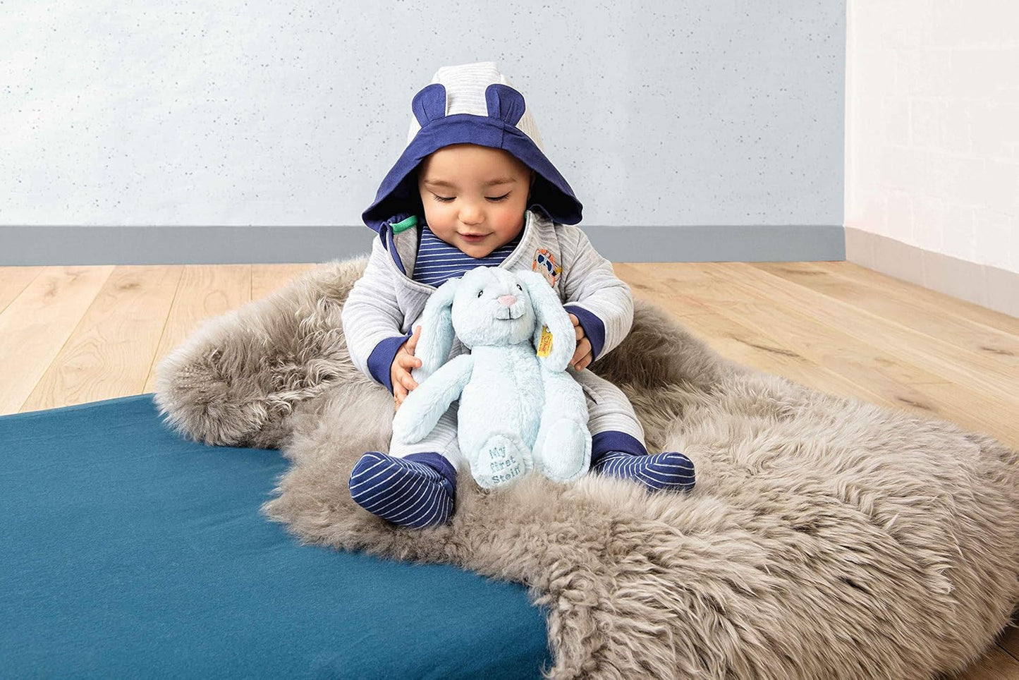 Steiff Soft Cuddly Friends My First Hoppie Rabbit 10", Premium Stuffed Animal, Light Blue